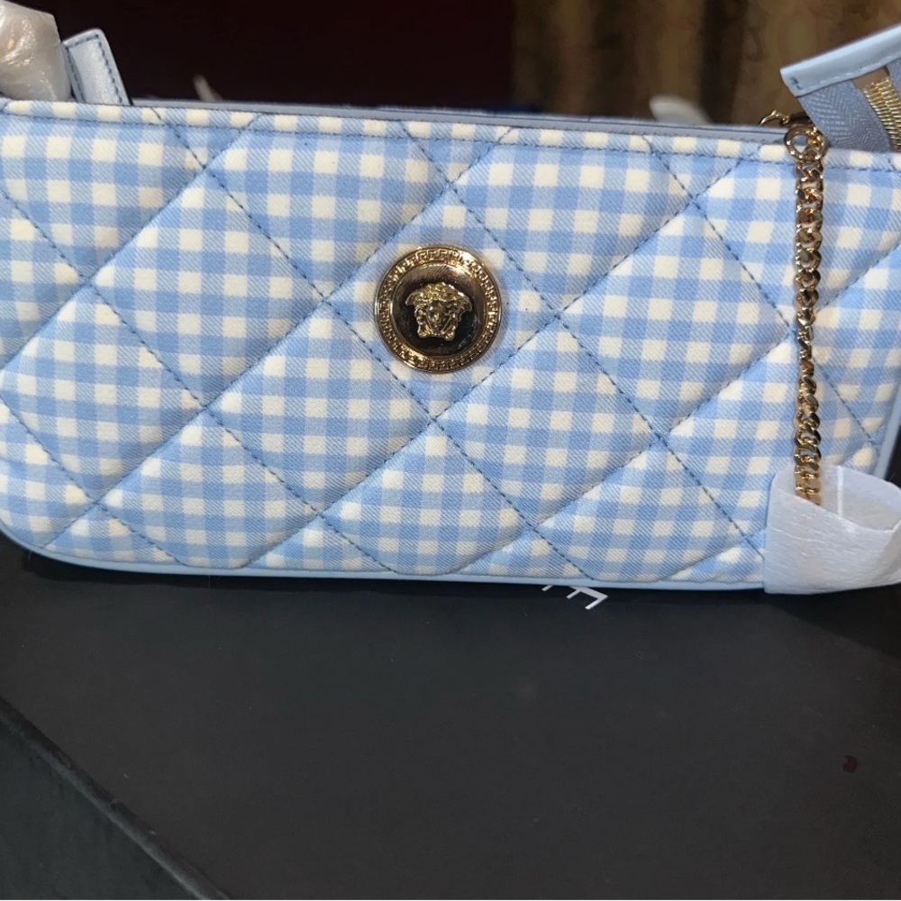 Versace Blue and White Gingham Quilted Clutch